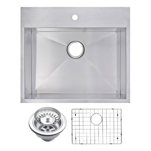 Water Creation SSSG-TS-2522A 25" X 22" Zero Radius Single Bowl Stainless Steel Hand Made Drop In Kitchen Sink With Drain, Strainer, And Bottom Grid Premium Scratch Resistant Satin Stainless Steel