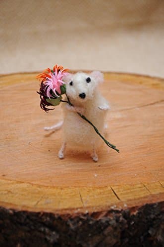 Needle Felted Art Doll Felt White Mouse 2.5in. height . Cute mouse with flowers!