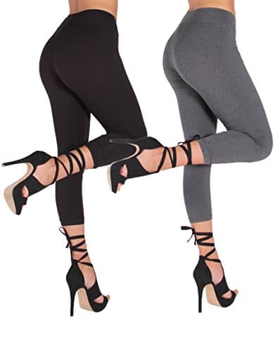 Cotton Spandex Basic Knit Jersey Full or Capri Leggings for Women pack of 2 Yoga Pants (L, Black + Charcoal Capri Cropped)