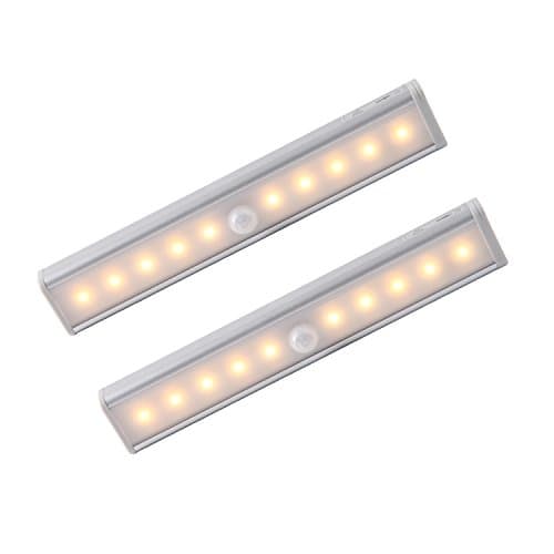 Komaes 2 Pack 10-LED Wardrobe/Stairs/Step Light Bar wireless Motion Sensor DIY Stick-on Anywhere Portable Closet Lights, Cabinet Light with Magnetic Strip Warm White(Battery Operated)