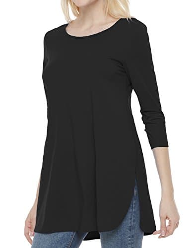 Dafunna 3/4 Long Sleeve Tunics Casual T Shirts Basic Tees Tops Blouse with Side Slit for Women(Black,S)