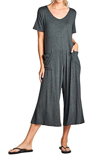 Loving People Solid Scoop Neck Loose Fit Back Keyhole Capri Jumpsuit, Large, Charcoal