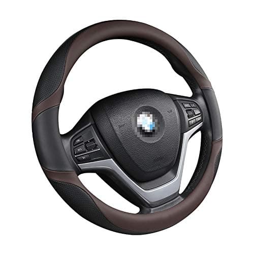 LONGLONG Car Steering Wheel Cover Leather Streamline Pattern Non-Slip Wear-Resistant Four Seasons Universal Handlebar Cover 15In/38Cm,Brown