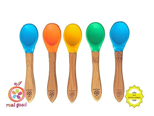 Baby Feeding Spoons Set (5 Pack) - Gum-Friendly First Stage Bamboo Weaning Spoons with Soft Silicone Tips for Babies - BPA, Phthalate, Plastic &amp; Lead Free - Great Infant Gift