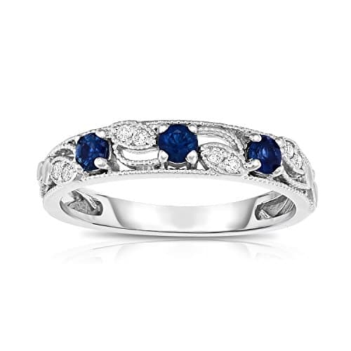 Noray Designs 14K White Gold Blue Sapphire &amp; Diamond (0.06 Ct, G-H, SI2-I1 Clarity) Stackable Ring