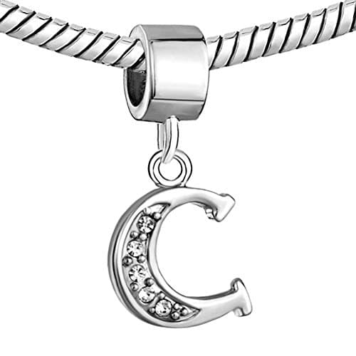 Alphabet Beads A-Z Letter Initial Spacer Dangle Clear Synthetic Crystal Silver P Charm For Snake Chain Bracelets (Letter C)
