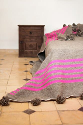 Purple Rain. Moroccan Pom Pom Blanket Throw, Quilt, Bedding, Wool. Large (78 x 118 inches / 2 x 3 m)