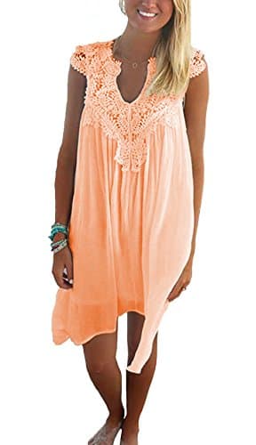 Amstt Women's Sleeveless Casual V neck Loose Solid Sun Beach Chiffon Lace Flared Midi Dress (L, Orange)