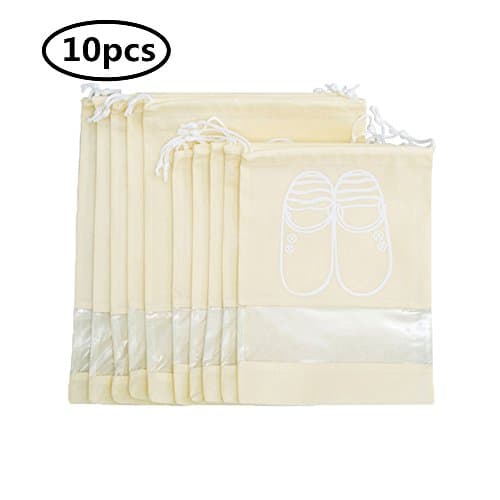 YUMMAYEE 10 Pcs Dust-proof Shoe Bags Drawstring with Window Travel Shoe Storage Bags Shoes Organizer Beige