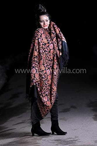 Kashmirvilla Coal Black Color Aari Work Embroidered Jamawar Shawl Enriched Designer Chinar Jaal Pattern