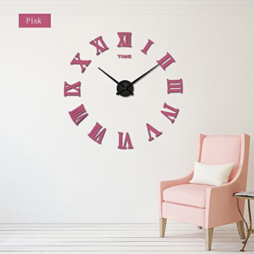 Suatimn 3D Large Roman Digital Sticker Wall Clock DIY Modern Design Acrylic Metal Mirror Clock Adjusted According to Wall Size Pink 37inch