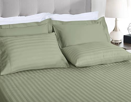 Threadmill Home Linen 500 thread count damask stripe cotton sheets 100% ELS cotton, Hem Stitch Luxury 3 Piece bed sheet set, Fits Mattresses up to 18 inches deep, smooth sateen weave, Twin XL, Sage