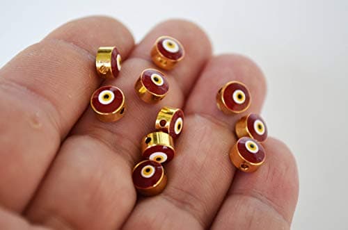 10 Pcs Colourful Disc Shape Evil Eye Beads, Turkish Evil Eye Bracelet DIY Supplies, Evil Eye Beads (Red)