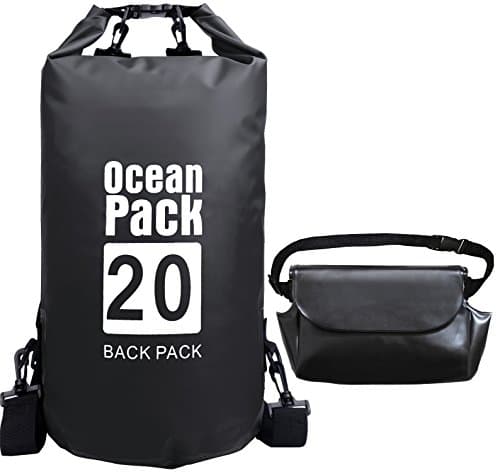 20L Waterproof Dry Bag Set, iDudu Roll Top Dry Gear Bag Sack with Waterproof Waist Pouch for Kayaking / Boating / Canoeing / Fishing / Rafting / Swimming / Camping / Snowboarding (Black, 20L)