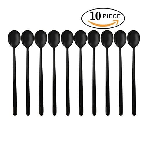 YEKA 10 Pcs 7.5-Inch Long Handle Teaspoons, Coffee Spoon and Ice Cream Spoon, Dessert & Milkshake Spoon, Fruit Juice Long Spoon, 18/8 Stainless Steel Spoons, Color Black
