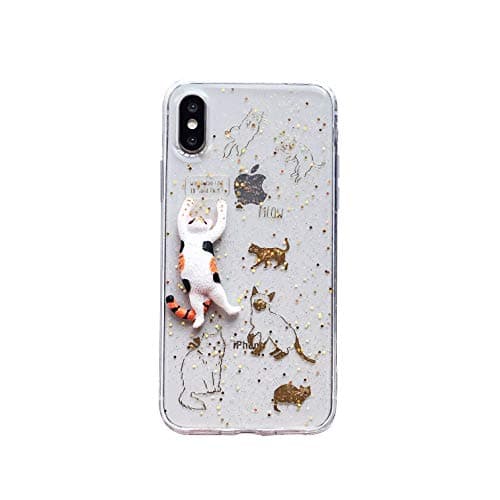 for iPhone Xs MAX Case, Unique Cute 3D Cat with Gold Cat Stickers Background Glitter for Girls Women, Clear Transparent Soft Silicone Case
