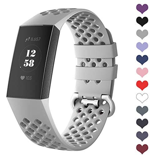 DEKER Sport Bands Compatible for Fitbit Charge 3 Bands Charge 3 SE Fitness Tracker Women Men, Breathable Holes Silicone Smart Watch Strap Small Large Accessories Wristbands (Gray, Small)