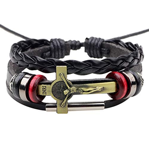 Bracelets for Men Leather Braided Bangle | Cross Bracelet | Multilayer Adjustable Leather | Wrist Cuff Wristband | Cross Jesus Leather Wrap Cuff Wristband