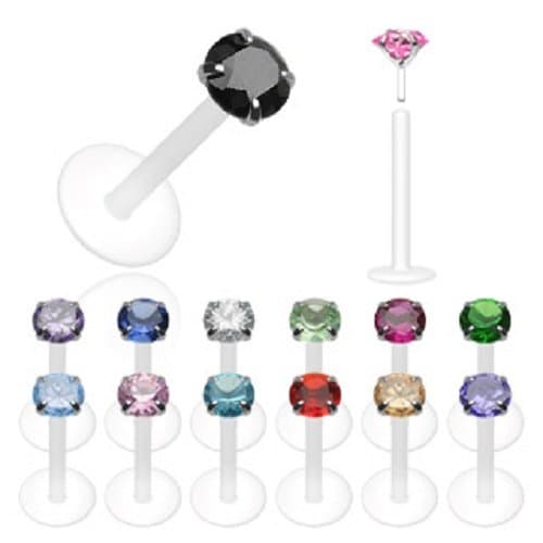 Body Accentz Bio-Flex Shaft with Push-in .925 Silver Prong Gem Labret/Monroe 16g 3/8"