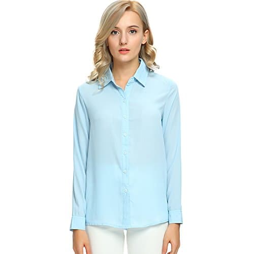 Moda Jihan Women's Long Sleeve Button Down Chiffon Blouse Shirt Top (XXXL, Light Blue)