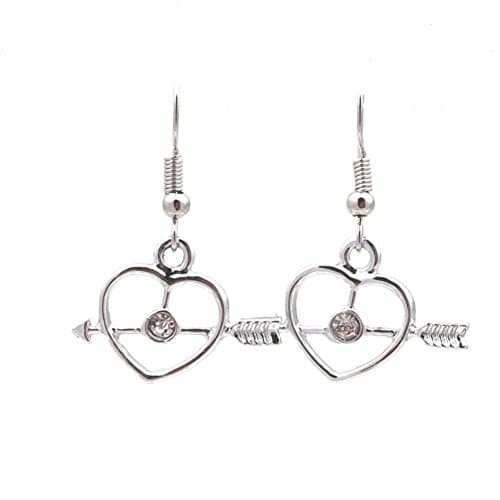 Sterling Silver Plated Retro CZ Cupid Arrow through a heart Charm Dangle Drop Earring