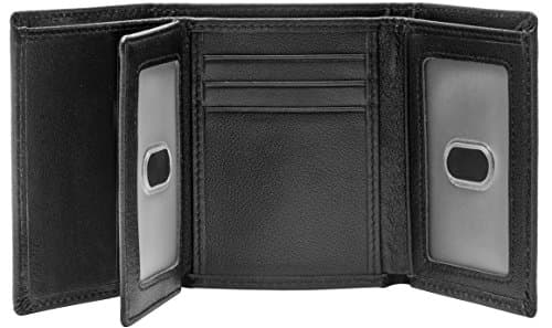 RFID Blocking Genuine Cowhide Leather Trifold Card Wallet for Men With 2 ID Window (Black without button)