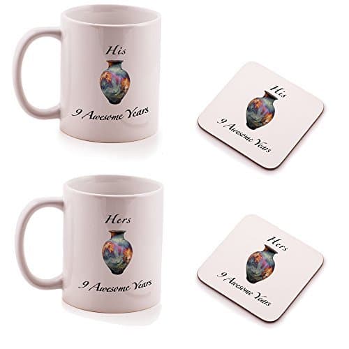 Pottery 9th Wedding Anniversary His and Hers Mug and Coasters gift set - by Ukgiftbox