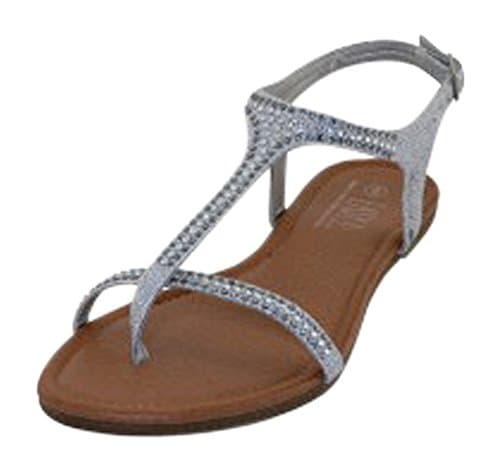 Womens Rhinestone Strap Gladiator Style Thong Sandals Flats (10, Silver Strap)