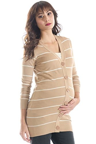 Lilac Button Down Maternity Cardigan Sweater - Tan Stripe - Large