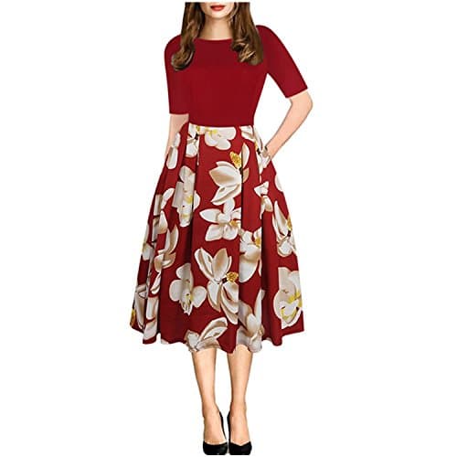 Dataiyang Women's Vintage O-Neck Dresses Patchwork Pockets Puffy Swing Casual Office Party Dress Red XXL