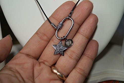 Oxidized Finish 1.90ctw Pave diamond star rose cut diamond drop multiple charm diamond lock sterling silver leather necklace