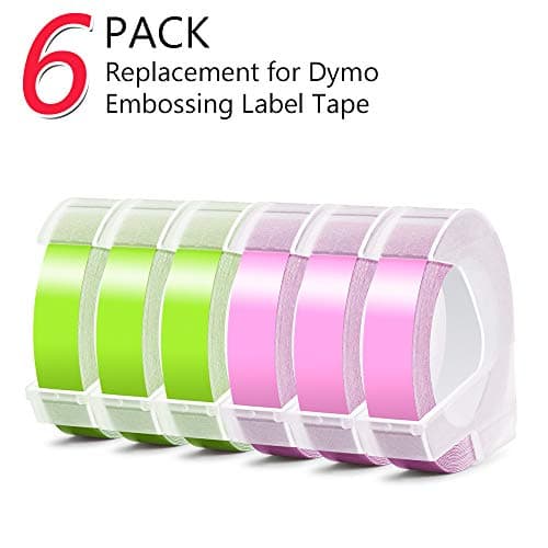 Aken Compatible Embossing Tape Replacement for Dymo Label Tape Self-Adhesive, Use with Dymo Omega Junior Home Embossing Label Maker, 9 mm x 3 m - White Print on Fluorescent Pink Green, 6 Pack