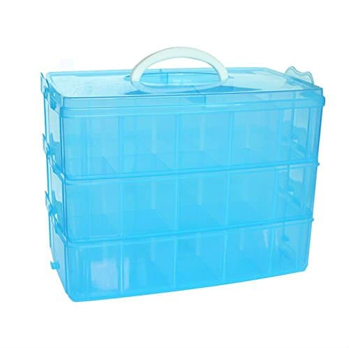 DJUNXYAN 3-Tier 30 Sections Transparent Stackable Adjustable Compartment Slot Plastic Craft Storage Box Organizer For Toy Desktop Jewelry Accessory Drawer Or Kitchen 4 Colors 3 Sizes(Extra Large Blue)