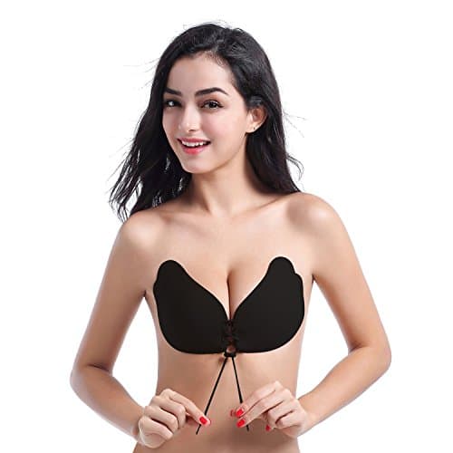 Sfeatru Women's Strapless Bra Self Adhesive Silicone Push Up With Drawstring (B Cup: 36A, 34B, 32C, Black)