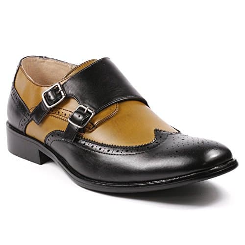 Magestik Men's Black Camel Brown Double Monk Strap Perforated Wing Tip Slip On Loafers Dress Shoes (11)