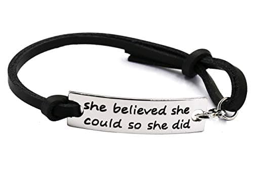 YOYONY engraved message "She believed she could so she did" inspirational leather cuff bracelet