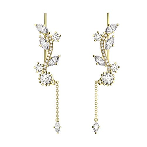 VAN LECONY 18K Gold Plated Cubic Zirconia Drop Leaf Ear Cuffs