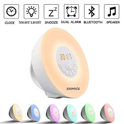 SNIMICS Wake Up Light Alarm Clock Sunrise Sunset Simulation [2018 Upgraded] Bluetooth Speaker/6 Natural Sounds, FM Radio, 7 Color Night Light，Touch Control with Snooze Function, for Bedside and Kids