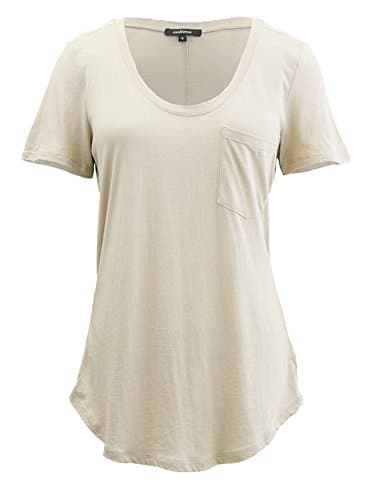 Basic Short Sleeve Scoop Neck T-Shirt with Front Pocket Accent (Large, Beige)