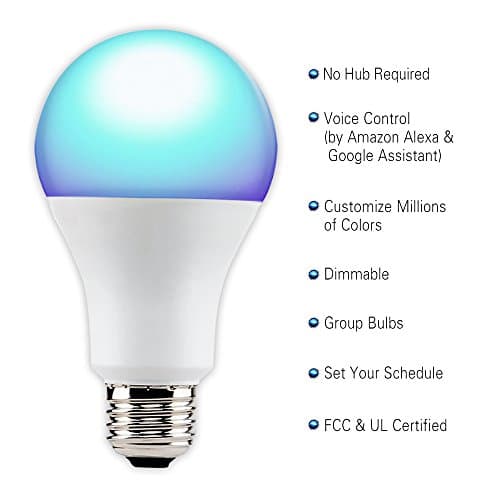 Lux 450 A19 Smart Wi-Fi LED Dimmable Light Bulb, RGB, No Hub Needed,Compatible with Alexa and Google Assistant