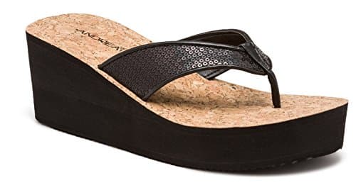 Fashion Black Sequin and Cork Light Women's High Sandal Flip Flops Wedge (8)
