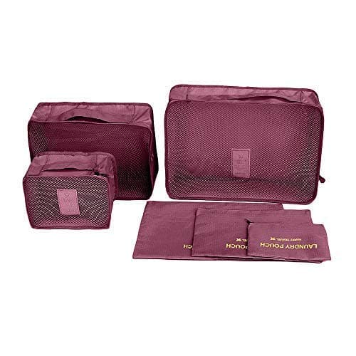 Mbangde 6 Set Waterproof Packing Cubes, Backpack Storage Bags, Travel Luggage Clothes Compression Organizer - 3 Travel Cubes + 3 Pouches - Dark Red