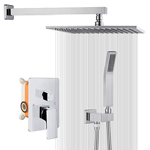KOJOX Shower System 12 Inch Brass Rain Shower Head with Handheld Shower Head, Shower Trim Kit with Valve Faucet Wall Mounted Set Polished Chrome