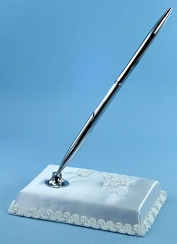 Elegant Wedding Pen and Satin Stand Set (#E0A80PSws) Adorned with Embroidered Flowers and Pearl Accented Lace Trims