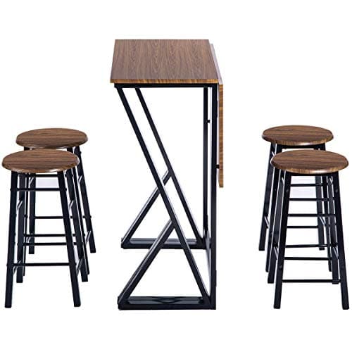 Monto Bar Table Set Indoor Metal Counter Height Dining Table Set Drop Leaf Folding Table with 4 Bar Stools Home- Brown 2
