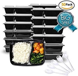 34oz Meal Prep Containers，Food Storage Containers with Fork Spoon and 2 Room,2 Separate Compartment with Clear Lids,Stackable&Reusable Lunch Boxes, Microwave/Dishwasher/Freezer Safe, (50-Pack)