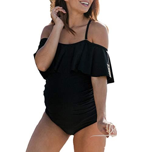 Women's Solid Ruffled Flounce Bikinis - AmyDong Maternity Tankinis One Piece Halter Pregnant Swimsuit