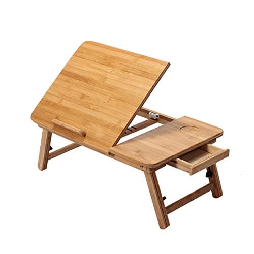 B FSOBEIIALEO Laptop Desk Table Bed Tray, Bamboo Foldable Adjustable Breakfast Table Computer Notebook Stand Tilting Top with Storage Drawer
