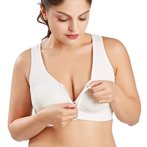 Women's Zip Front Sports Bra Wireless Post-Surgery Bra Active Yoga Sports Bra White