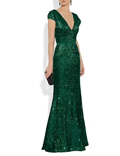 Mitchell SZ Women's V Neck Sequined Long Evening Dresses Formal Gowns Dark Green Size 6